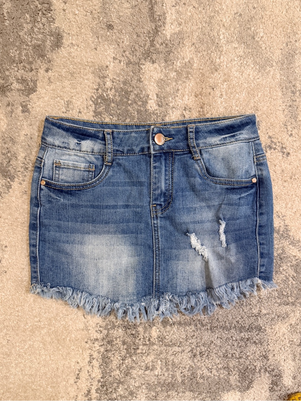Juniors Dollhouse Distressed Blue Denim Mini Skirt with Frayed Hem